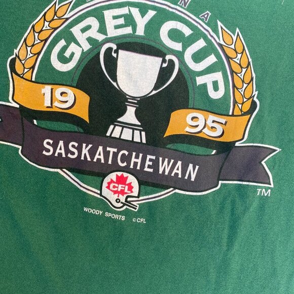Vintage 1995 Woody Sports CFL Saskatchewan Grey Cup T Shirt Large Green - Picture 5 of 5